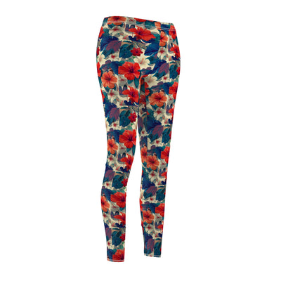 Floral Watercolor Leggings — Women's All-Over Red & Blue Blossom Print