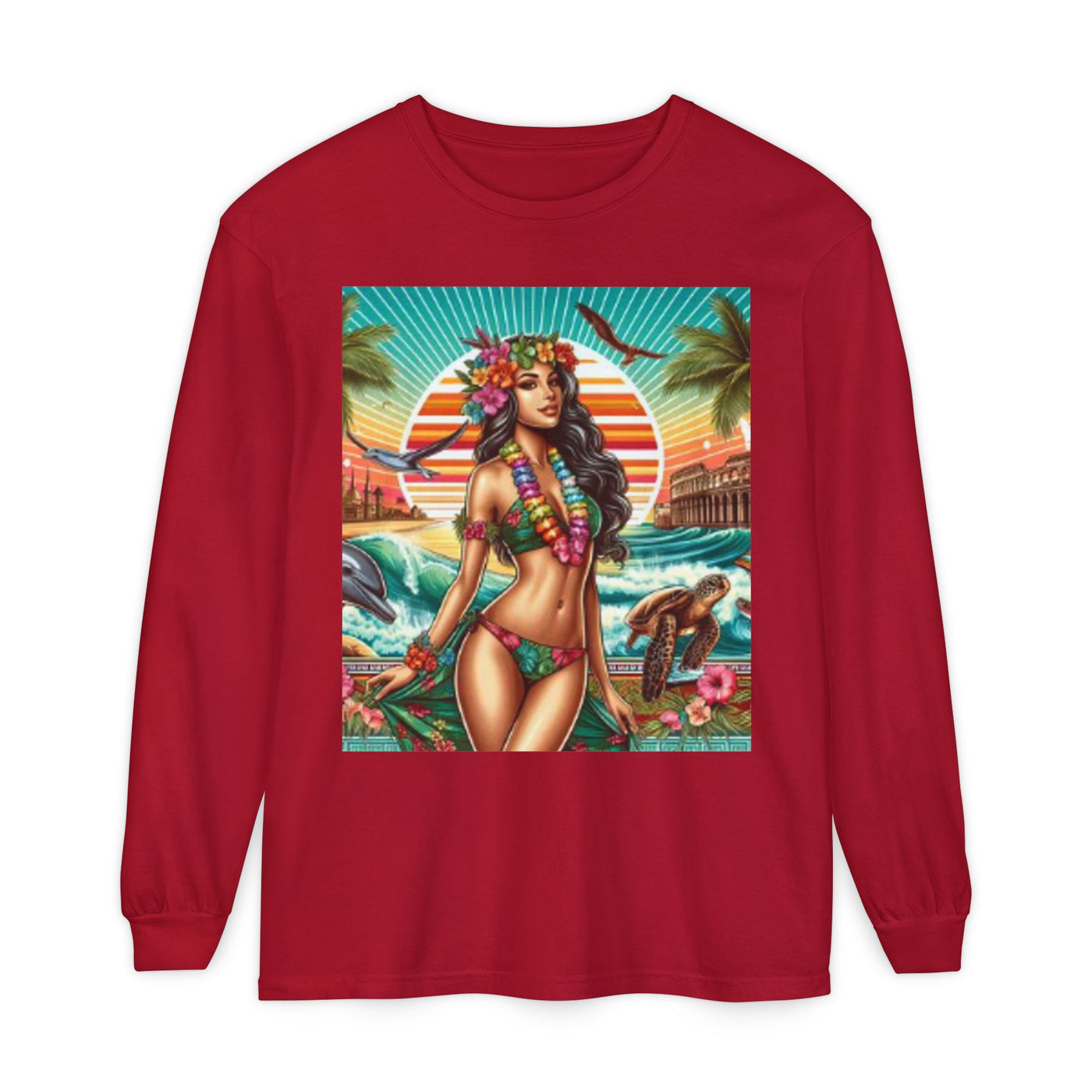 T-Shirt with Tropical Goddess Design, Beach Vibes Long Sleeve Tee for Summer, Luau Party Wear, Vacation Tshirt, Island Life Apparel