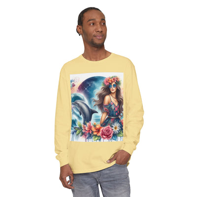 Dolphin Dream Long Sleeve Tee, Boho Style Shirt, Ocean Lover Gift, Beach Party Outfit, Casual Wear, Floral Graphic Tee