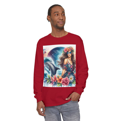 Dolphin Dream Long Sleeve Tee, Boho Style Shirt, Ocean Lover Gift, Beach Party Outfit, Casual Wear, Floral Graphic Tee
