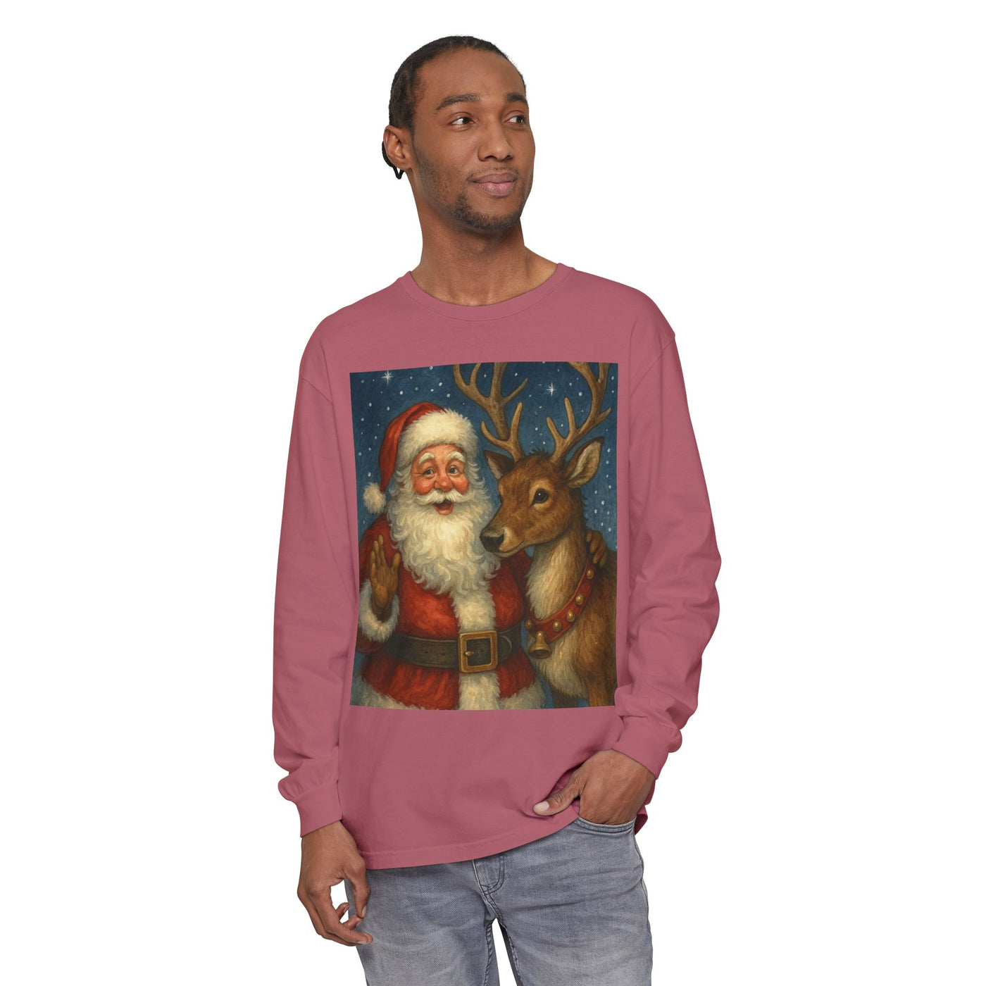 Santa & Reindeer Vintage Christmas Long Sleeve Tee