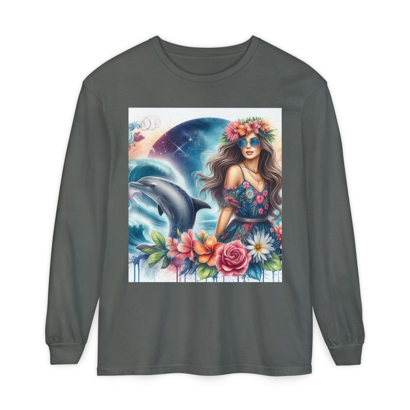 Dolphin Dream Long Sleeve Tee, Boho Style Shirt, Ocean Lover Gift, Beach Party Outfit, Casual Wear, Floral Graphic Tee