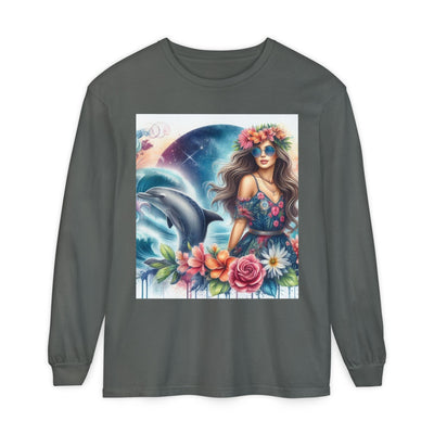 Dolphin Dream Long Sleeve Tee, Boho Style Shirt, Ocean Lover Gift, Beach Party Outfit, Casual Wear, Floral Graphic Tee