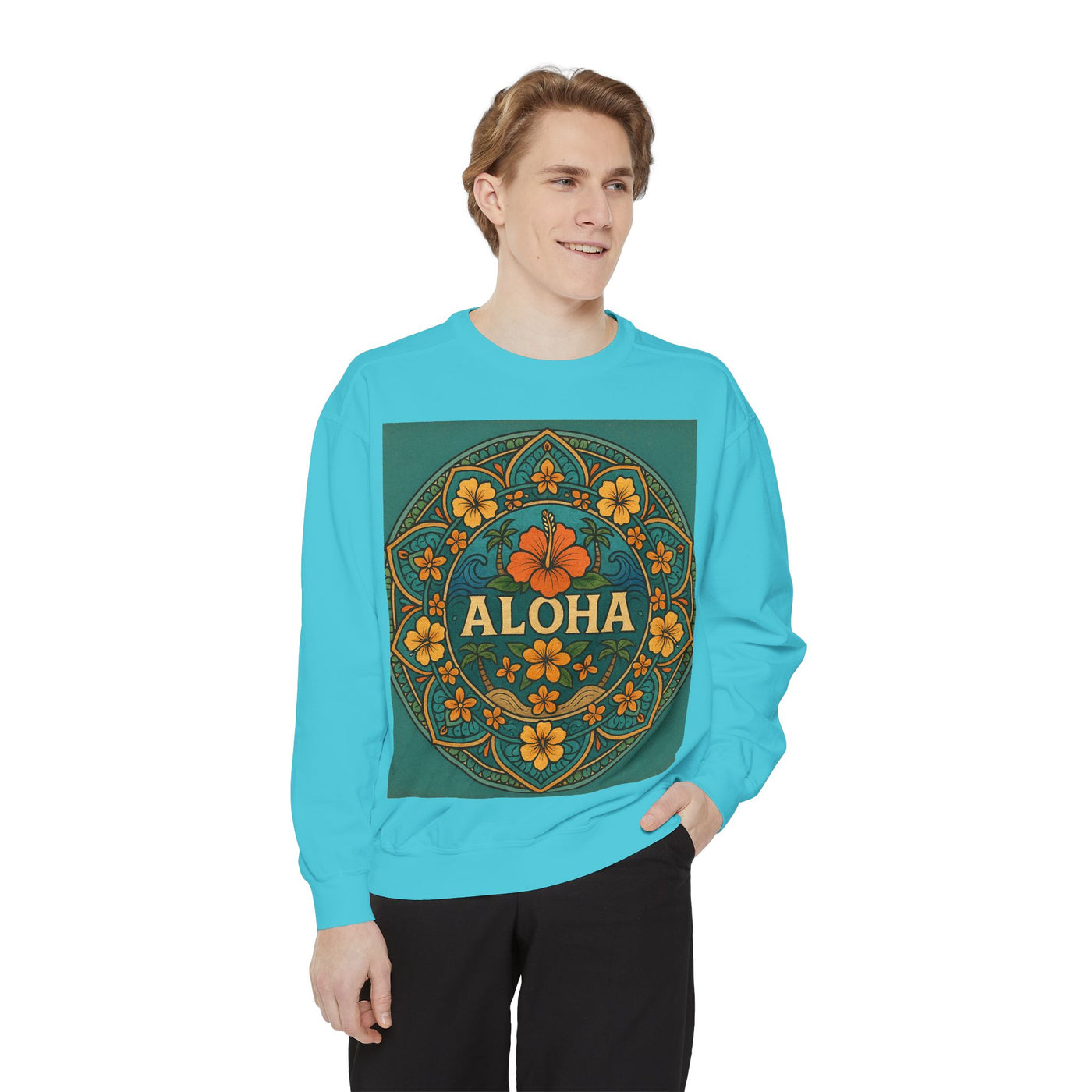 Aloha Floral Sweatshirt, Unisex Garment-Dyed Crewneck, Cozy Beach Vibes, Gift for Friends, Tropical Style Apparel, Casual Everyday Wear